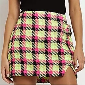 River Island Lime Green Pink Check Boucle Houndstooth Dogtooth Skirt US 12 UK 16